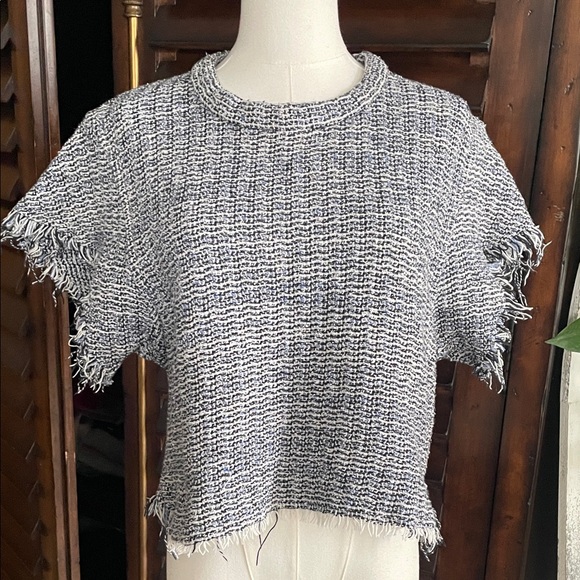 IRO Cropped Tweed Blue Black Raw Hem Top 38 Small Medium - Picture 3 of 9